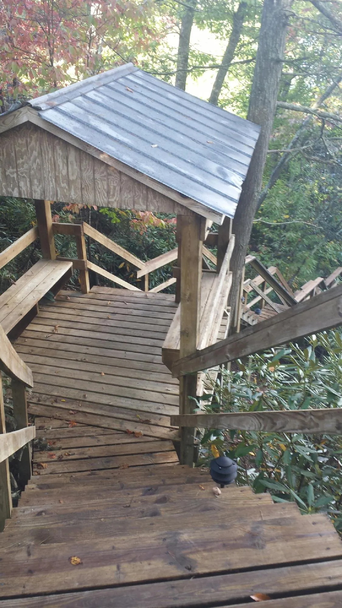 Metal roofed shelter over wooden steps on a wooded walkway — Skylight Repair & Installation work by our crew in Deary